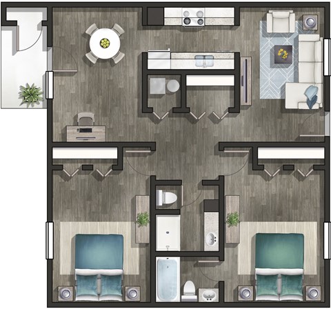 3D floor plan of a 2 bedroom 2 bathroom at Park Towne Apartments in Decatur, AL